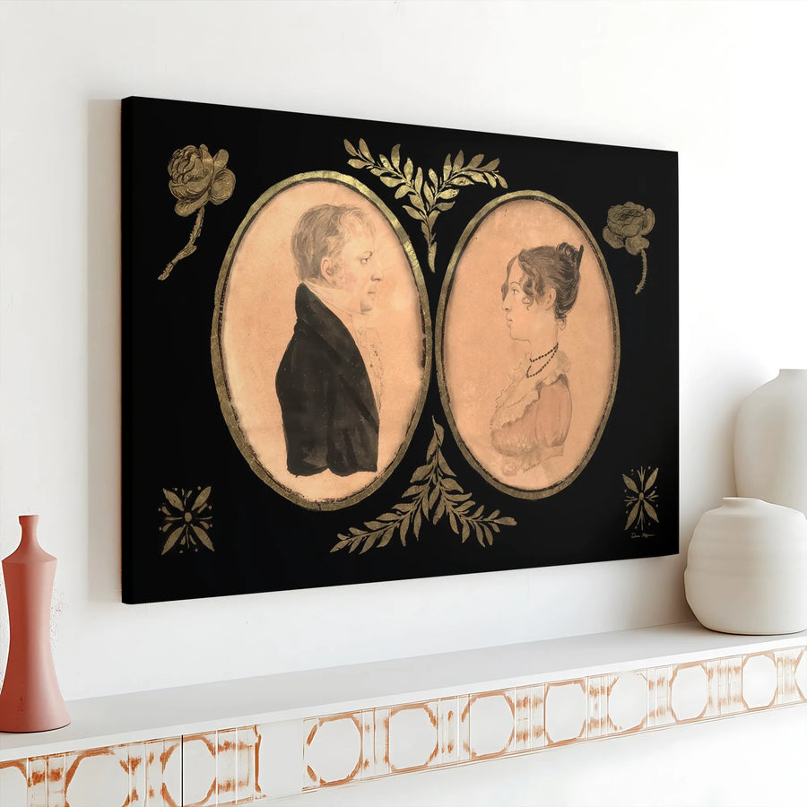 Vintage Couple Portrait Canvas | Victorian Style Oval Silhouette Art | Premium Gallery Wrap Wall Decor | Romantic Historical Home Gift