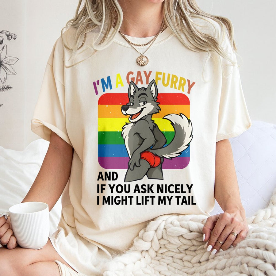 Gay Furry Pride T-Shirt | Funny Rainbow Wolf Graphic Design | 100% Cotton Premium Unisex Tee | LGBTQ Pride Gift for Furry Fandom Fans
