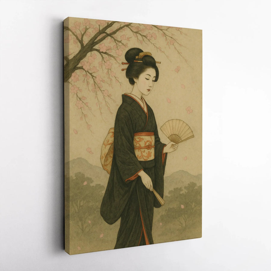 Japanese Geisha Canvas Wall Art | Traditional Kimono & Cherry Blossom Aesthetic | Premium 1.25" Gallery Wrap | Zen Home Decor Gift for Art Lovers