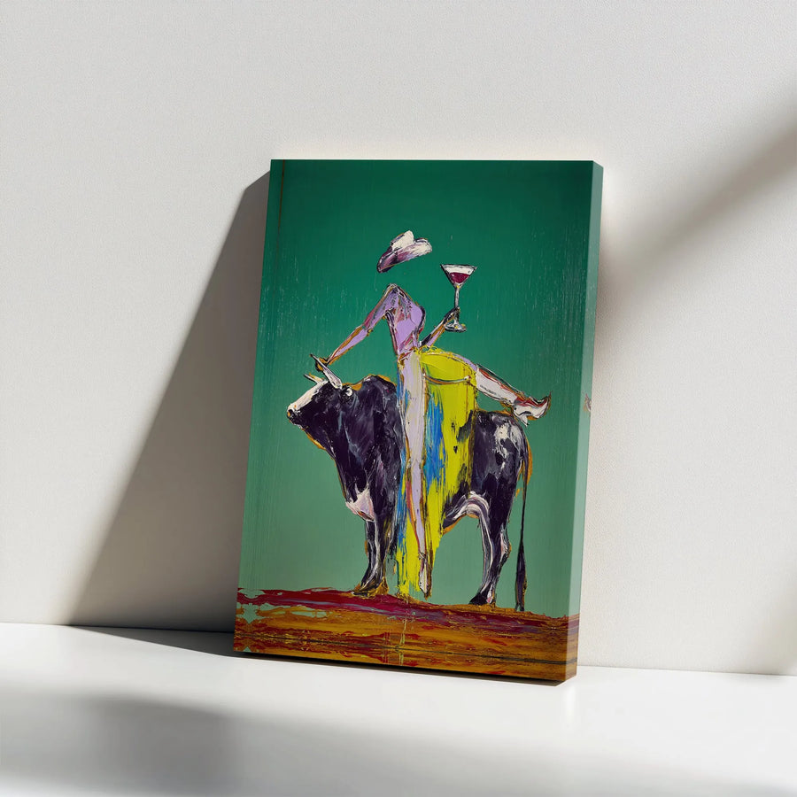 Surreal Cowgirl Canvas Wall Art | Woman Riding Bull with Cocktail | Premium 1.25" Thick Gallery Canvas | Modern Western Decor Gift for Her