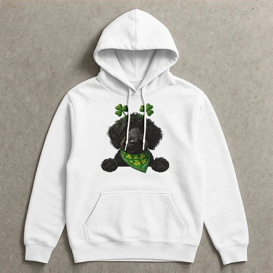 St. Patrick’s Day Dog Hoodie | Cute Doodle Shamrock Puppy Graphic | Premium Cotton Blend Unisex Sweatshirt | Irish Pet Lover Gift