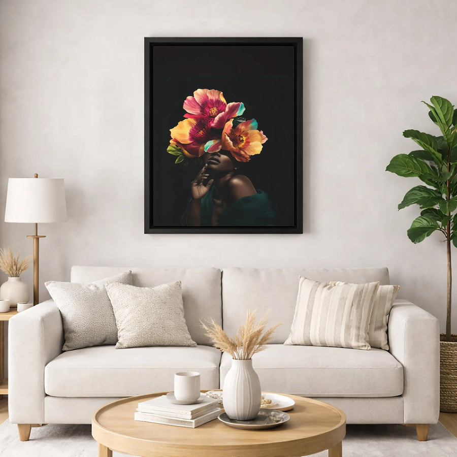 Black Woman Floral Portrait Canvas | Vibrant Botanical Surrealism Wall Art | Gallery-Quality Fade-Resistant Print | Premium Home Decor Gift