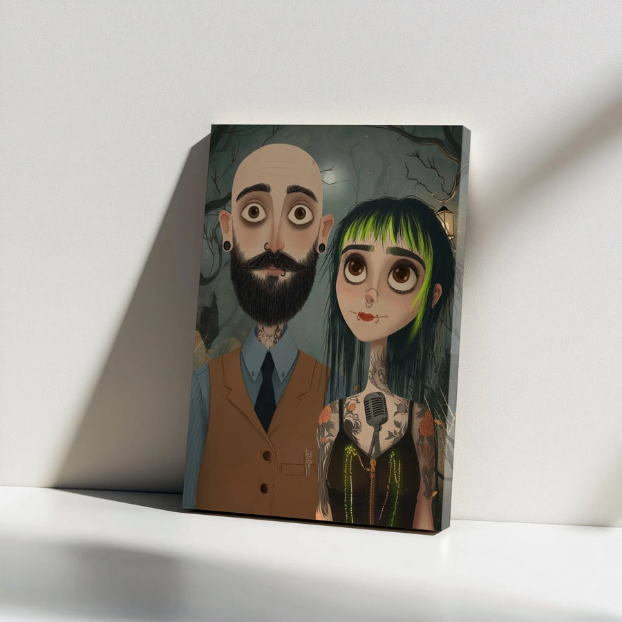 Gothic Couple Portrait Canvas | Big Eye Cartoon Style Wall Art | Premium Thick Gallery Wrap Canvas | Unique Anniversary Gift for Alternative Couple