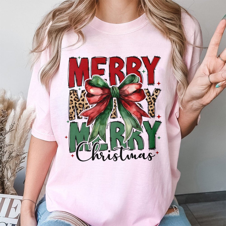 Merry Christmas T-Shirt | Coquette Bow Leopard Print Graphic | Premium Soft Cotton Tee | Trendy Holiday Gift For Women And Men