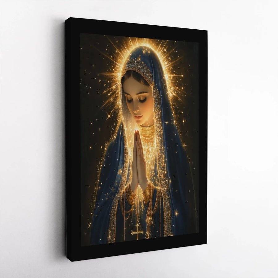 Virgin Mary Wall Art Canvas | Radiant Gold Halo Religious Print | 1.25 Inch Gallery Wrap | Christian Home Decor Gift