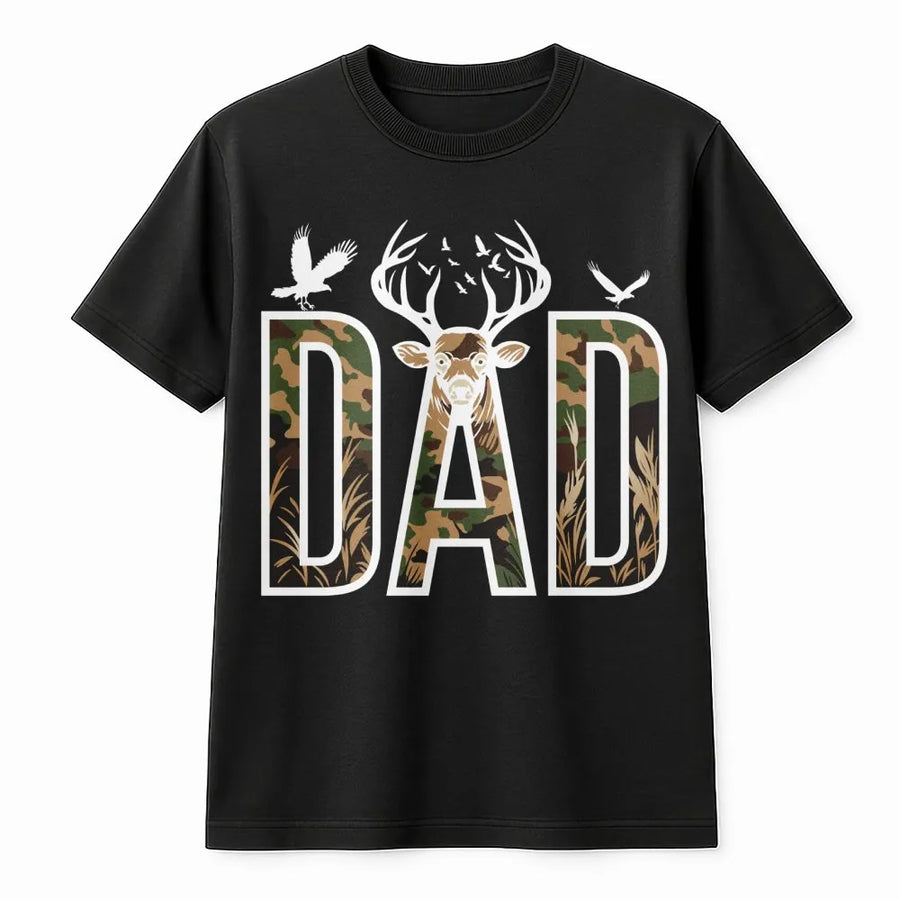 Hunter Dad T-Shirt | Camo Deer Antler Graphic Design | Premium Cotton Apparel | Perfect Father's Day 2026 Gift for Outdoor Lovers