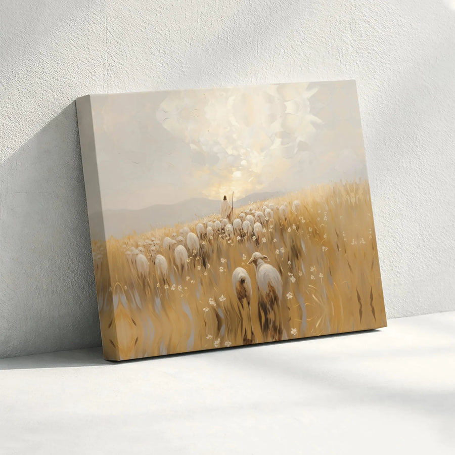 Jesus Good Shepherd Canvas Print | Pastoral Jesus Leading His Flock Art | Premium Fade-Resistant Canvas | Christian Home Decor Gift