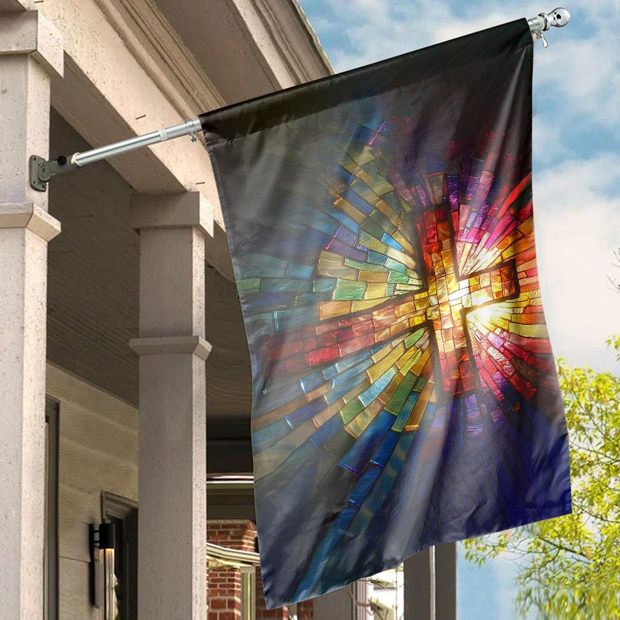 Stained Glass Cross House Flag | Radiant Religious Mosaic Design | Premium UV-Resistant Polyester | Faithful Garden Decor & Christian Gift