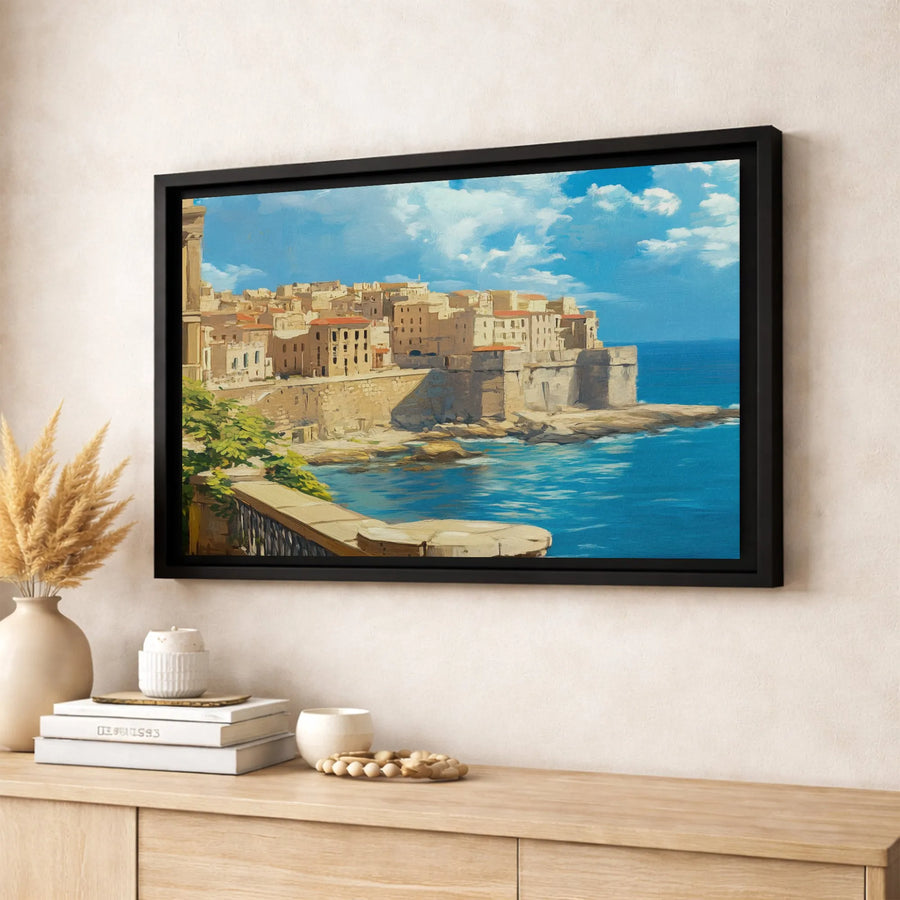 Mediterranean Coastal Village Canvas Print | Sunny Seaside Landscape Wall Art | Gallery Quality Premium Finish | Decor for Living Room Office