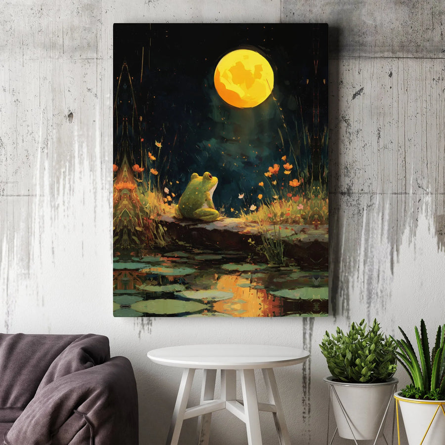 Frog Wall Art | Full Moon Lily Pond Landscape Canvas | Gallery-Wrapped Premium Print | Cottagecore Nature Decor for Living Room