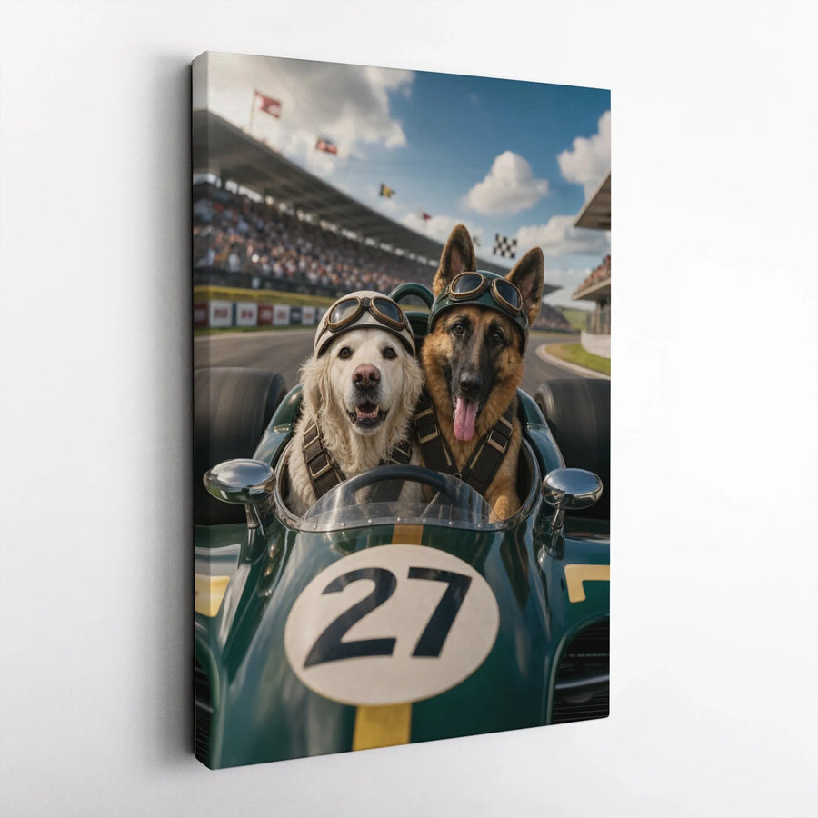 Funny Dogs in Vintage Race Car Vertical Canvas | German Shepherd & Golden Retriever Wall Art | Premium 1.25” Gallery Wrap | Cool Gift for Dog Lovers & Racing Fans