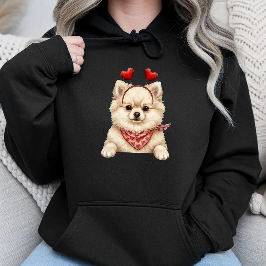 Pomeranian Valentine Hoodie | Cute Dog Heart Headband Graphic | Premium Cotton Blend | Romantic Dog Mom Gift For Her