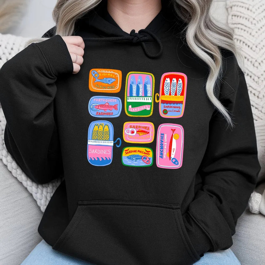 Tinned Fish Hoodie | Portuguese Sardine Can Art | Premium Cotton-Blend | Unique Preppy Foodie Gift