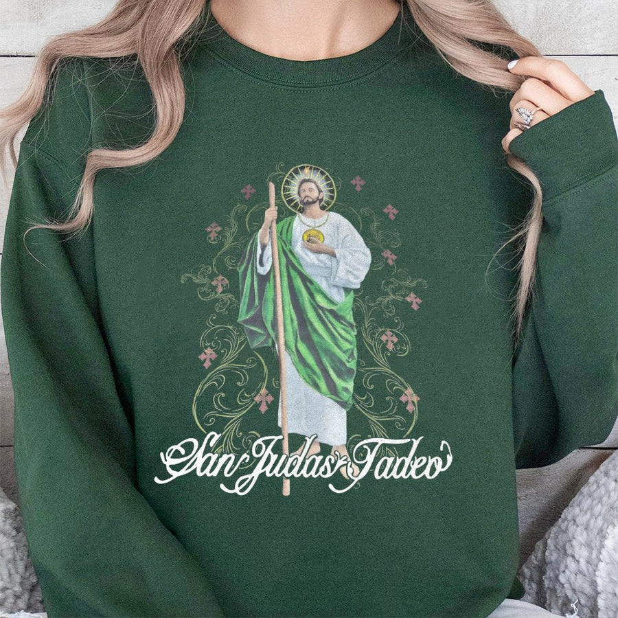 San Judas Tadeo Graphic Sweatshirt | Saint Jude Religious Catholic Apparel | Premium Cotton Blend Crewneck | Devotional Gift For Men And Women