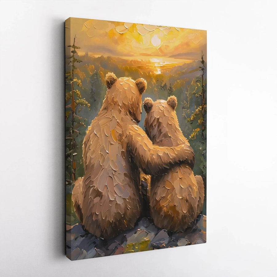 Hugging Bears Wall Art | Mother and Cub Sunset Impasto Canvas Print | Premium Gallery Wrap Decor | Wildlife Nursery Gift for Bear Lovers
