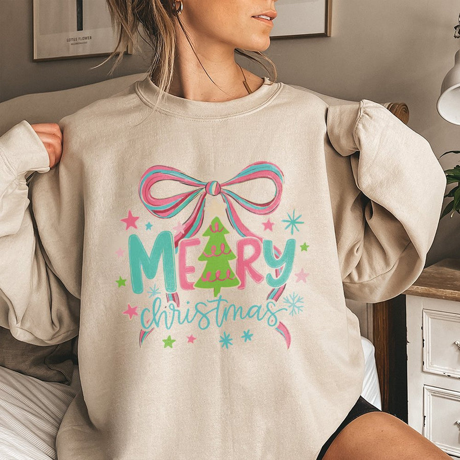 Merry Christmas Sweatshirt | Bright Neon Bow And Tree Graphic | Soft Cotton Blend Unisex Pullover | Festive Holiday Gift For Her
