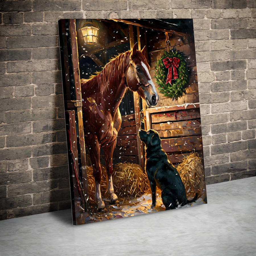 Horse and Black Lab Canvas Print | Snowy Stable Holiday Wall Art | Premium 1.25" Gallery Wrap | Winter Farmhouse Decor Gift