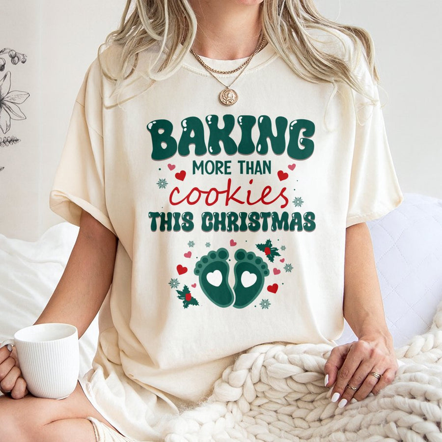 Baking More Than Cookies Pregnancy Announcement T-Shirt | Funny Holiday Baby Reveal Design | Premium Soft Cotton | Christmas Gift For New Mom Expecting