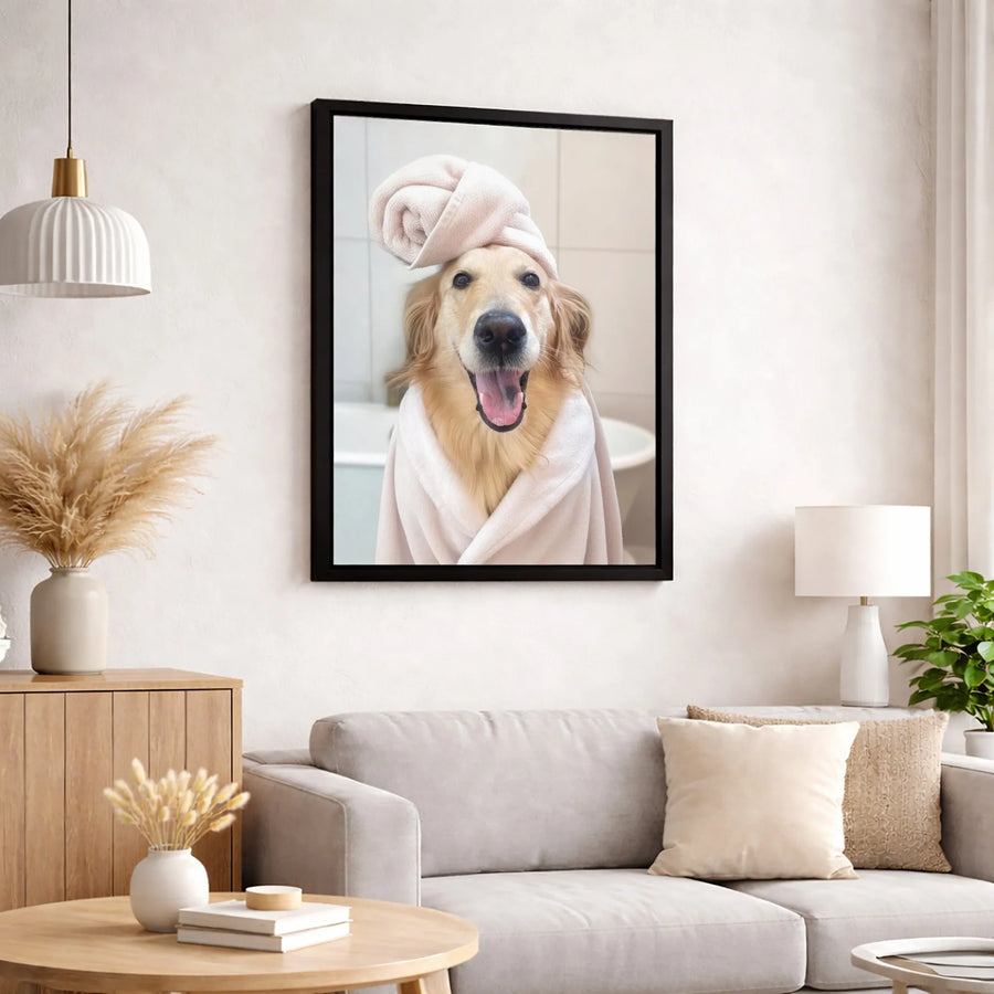 Golden Retriever Bathrobe Canvas Print | Funny Dog Towel Turban Wall Art | Premium Gallery-Wrapped Portrait | Cute Animal Home Decor Gift