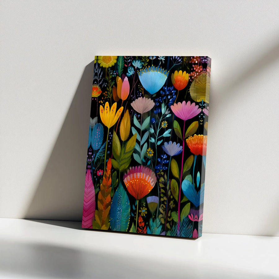 Botanical Wall Art Canvas | Vibrant Folk Art Floral Illustration | 1.25-Inch Gallery Wrap Premium Print | Colorful Home Decor Gift