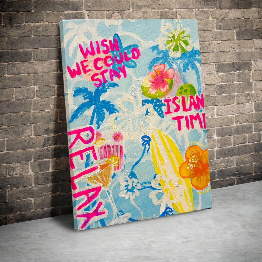 Tropical Beach Wall Art | Wish We Could Stay Surfboard Theme | Premium Fade-Resistant Canvas | Coastal Home Decor Gift for Summer Lovers
