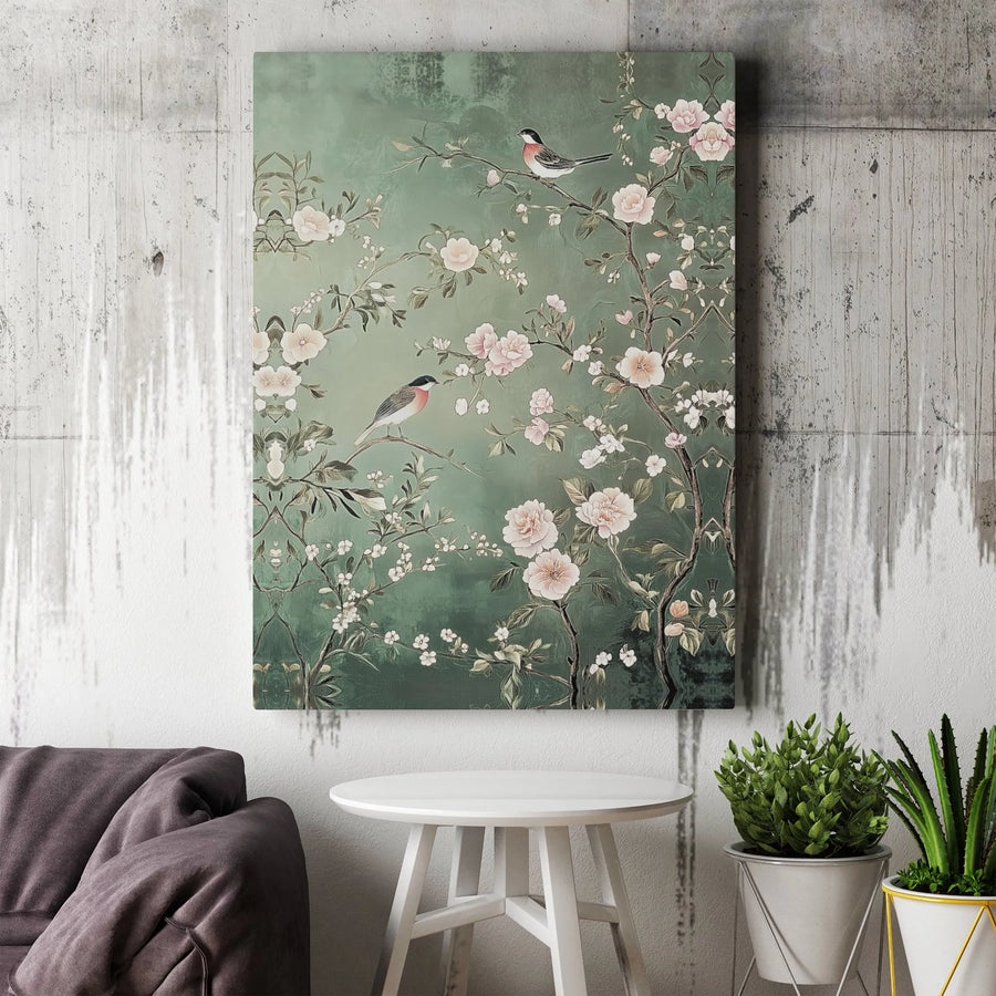 Chinoiserie Wall Art Canvas | Sage Green Floral Bird Print | Premium Gallery Wrap Decor | Nature Inspired Gift for Home Office