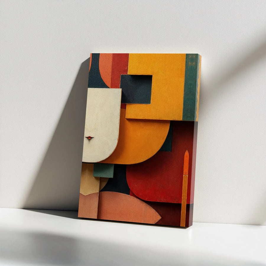 Abstract Geometric Face Wall Art | Mid-Century Modern Minimalist Print | Premium Gallery Wrapped Canvas | Earthy Tones Home Decor for Living Room