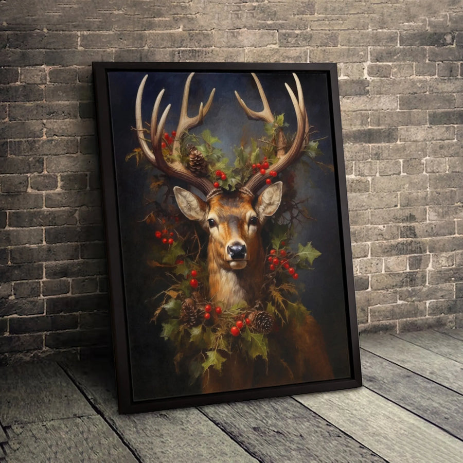 Christmas Stag Canvas Wall Art | Festive Deer With Holly Berry Wreath | 1.25-Inch Gallery-Quality Profile | Rustic Holiday Decor For Living Room