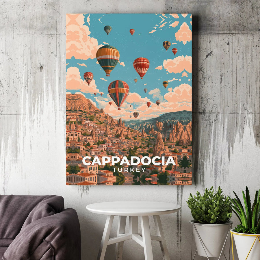 Cappadocia Turkey Canvas Wall Art | Vintage Hot Air Balloon Travel Poster | Premium Gallery Wrap Canvas | Gift for Traveler & Home Decor