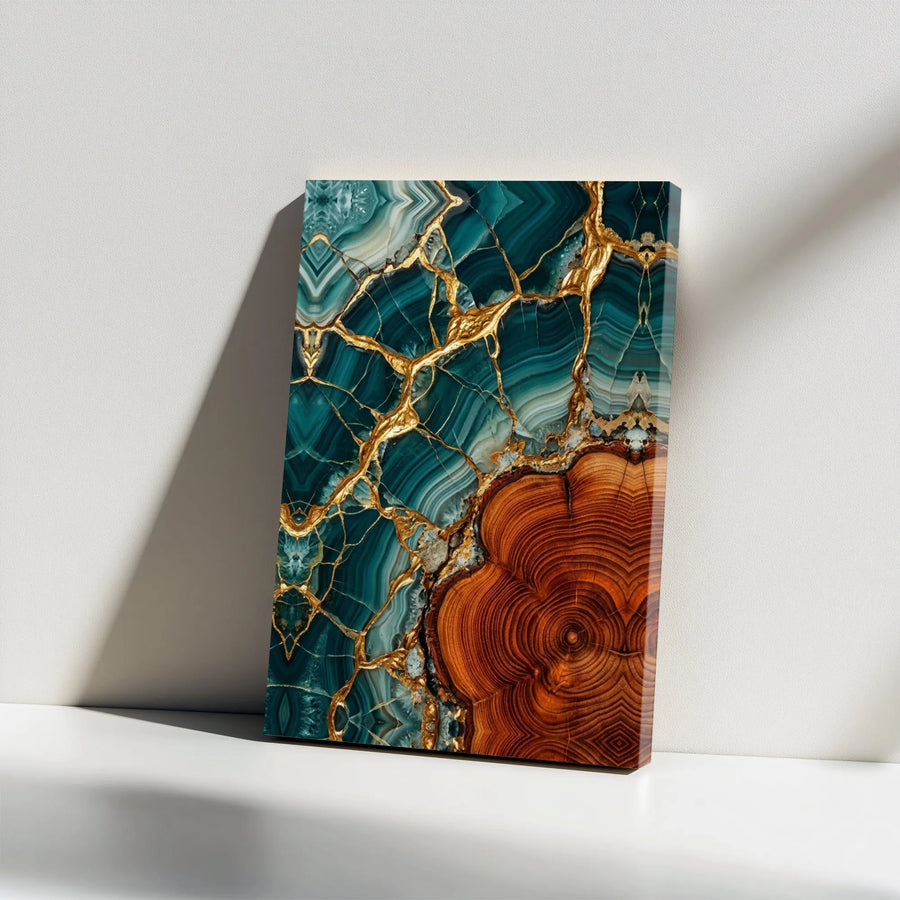 Teal Agate & Wood Grain Canvas Print | Abstract Kintsugi Style Art with Gold Veins | Premium Gallery Wall Decor | Modern Living Room or Office Gift