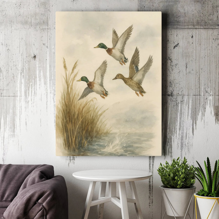 Mallard Duck Canvas Print | Flying Ducks Watercolor Art | 1.25 Inch Gallery Wrap Wall Decor | Rustic Cabin or Nature Lover Gift