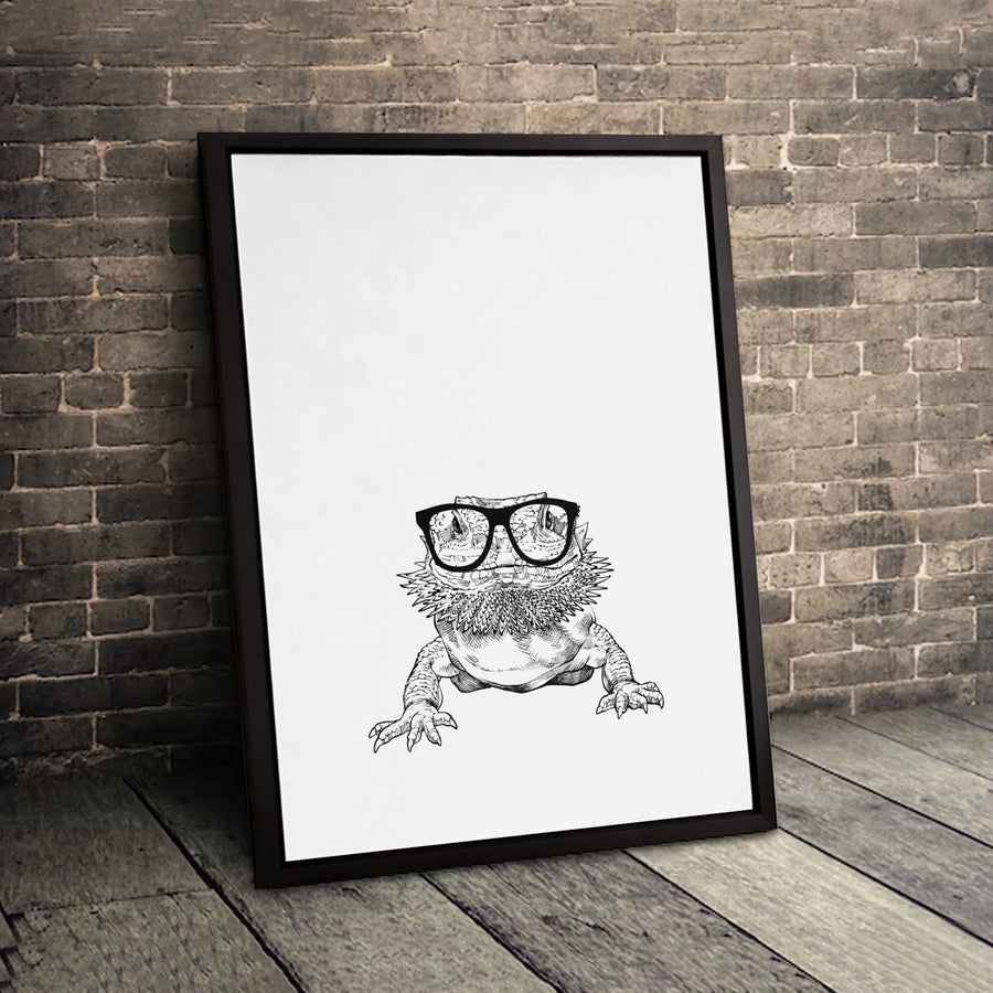Bearded Dragon Wall Art | Quirky Reptile Sketch With Glasses | Premium Gallery Wrap Canvas | Unique Animal Lover Home Decor Gift