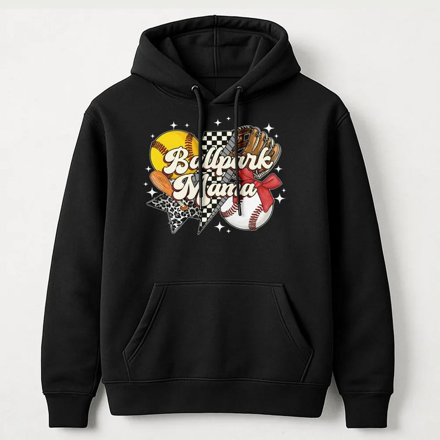 Ballpark Mama Hoodie | Baseball Softball Graphic Design | Premium Cotton-Blend Fleece | Game Day Gift for Baseball Mom