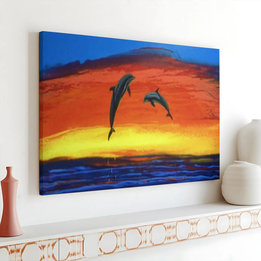 Dolphin Sunset Canvas Print | Jumping Dolphins Ocean Painting | Premium Fade-Resistant Canvas | Coastal Living Room Decor Gift