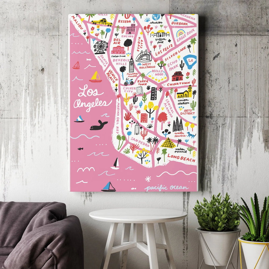 Los Angeles Map Vertical Canvas | Colorful Illustrated LA Neighborhoods Art | Premium Gallery Wrapped Canvas | Modern California Home Decor Gift