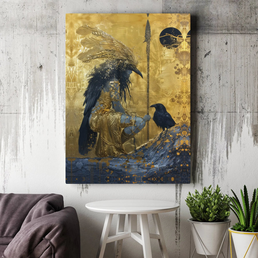 Golden Raven Warrior Canvas Wall Art | Mythological Fantasy God with Spear | Premium Gallery Wrap Decor | Ready-to-Hang Gift for Fantasy Lovers