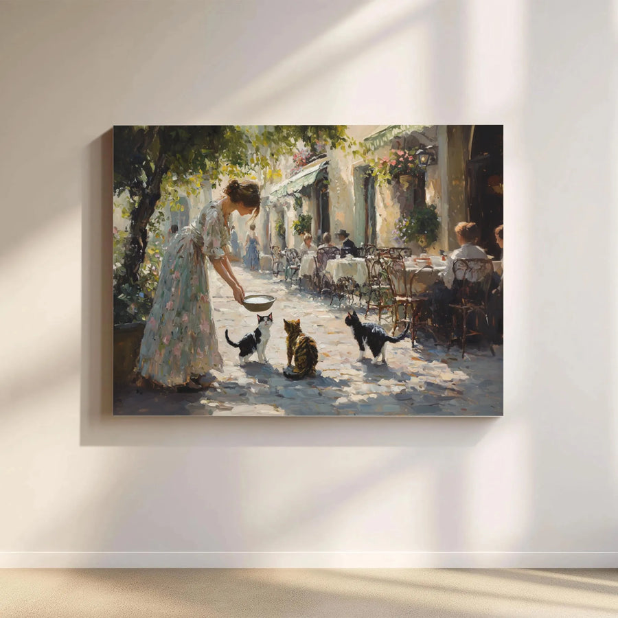 Cafe Scene Canvas Wall Art | Impressionist Woman Feeding Cats Painting | Premium Gallery Wrap Print | Charming French Bistro Gift for Cat Lovers