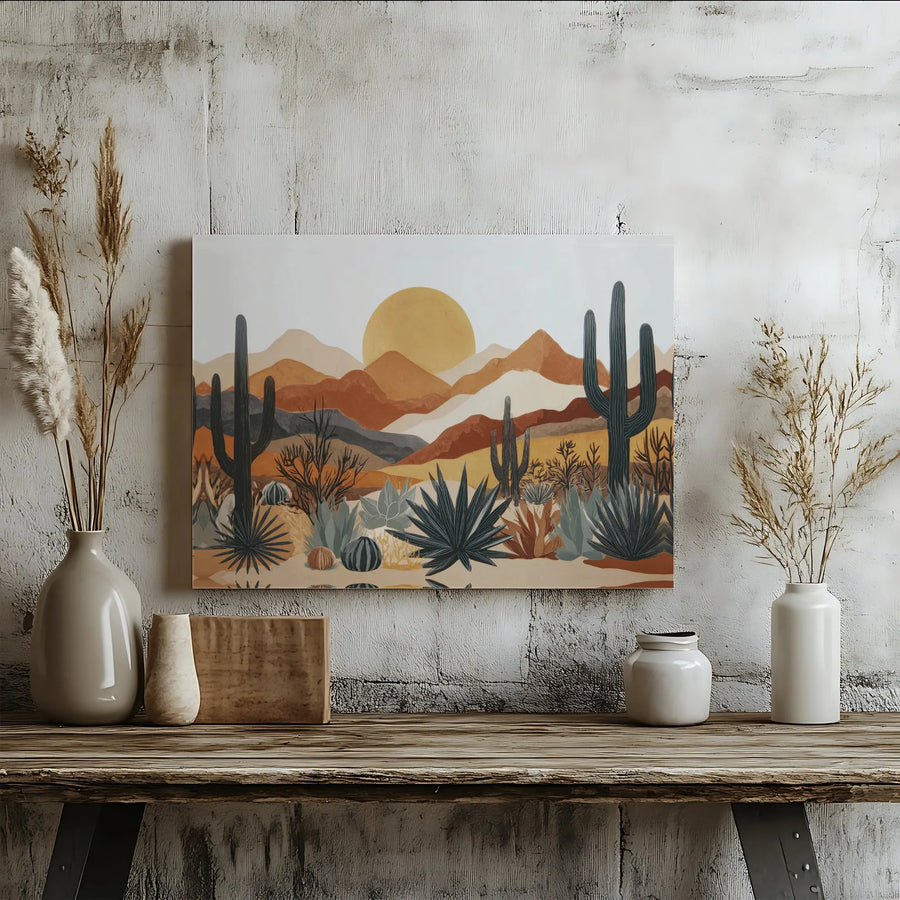 Boho Desert Landscape Wall Art | Mid-Century Modern Cactus & Mountain Print | Premium Gallery Wrapped Canvas | Minimalist Home Decor Gift