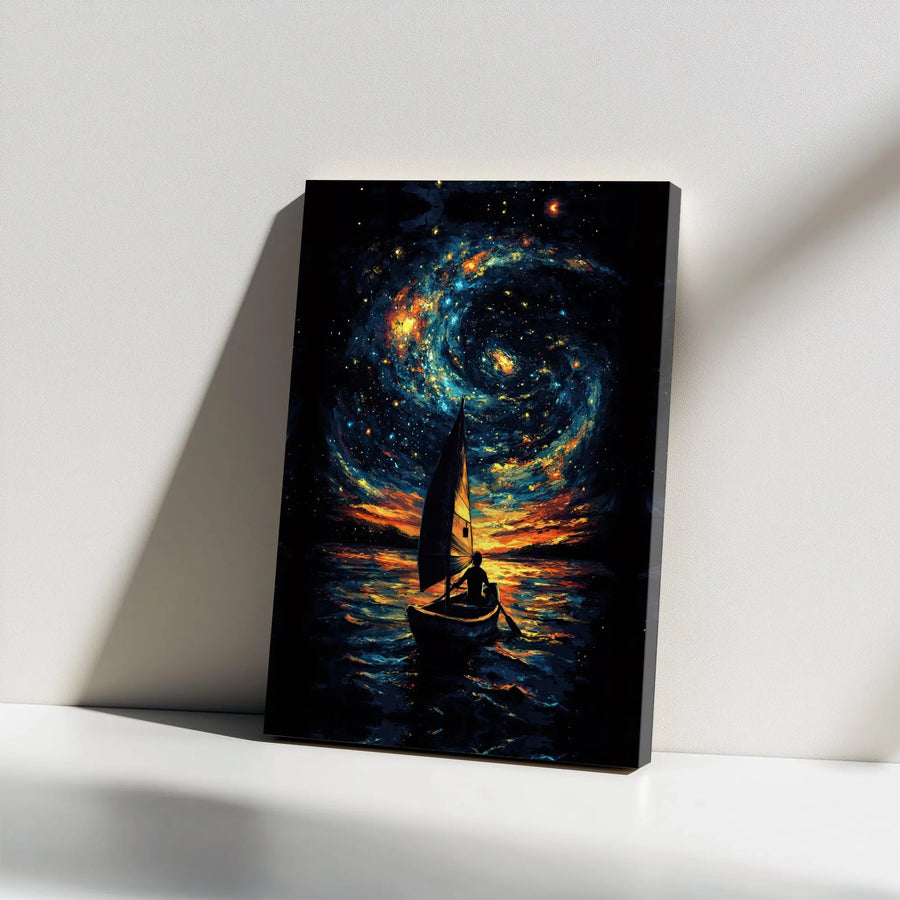 Cosmic Ocean Sailboat Canvas Art | Swirling Galaxy Night Sky Wall Decor | Premium 1.25" Gallery Wrap | Dreamy Celestial Gift for Space Lovers