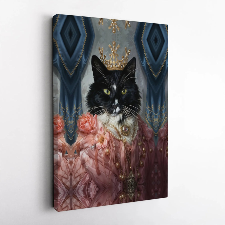 Royal Cat Queen Wall Art | Black Tuxedo Cat in Pink Gown and Crown Portrait | Premium Gallery-Wrapped Canvas | Whimsical Pet Lover Gift
