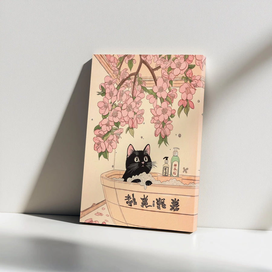 Japanese Black Cat Canvas | Ukiyo-e Style Cat in Tub Print | Premium Gallery Canvas | Funny Bathroom Wall Decor Gift for Cat Lovers