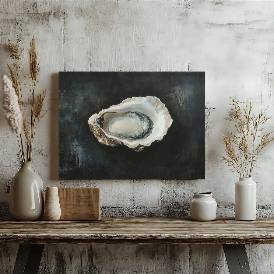 Oyster Shell Canvas Wall Art | Moody Coastal Artwork Print | Premium Stretched Canvas | Kitchen & Dining Room Decor Gift
