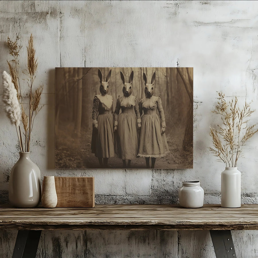 Surreal Rabbit Head Wall Art | Vintage Victorian Three Sisters Portrait | Premium Gallery Wrap Canvas | Gothic Home Decor Gift