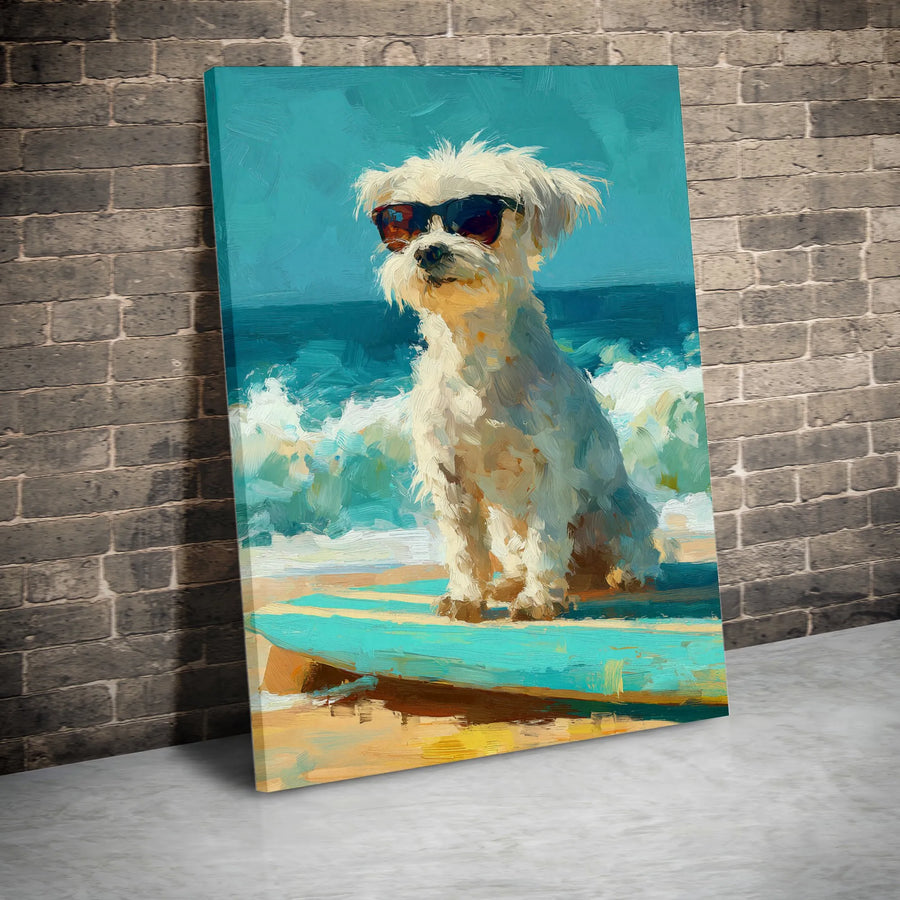 Surfing Dog Canvas Art | Impressionist Maltese Painting with Sunglasses | Premium Thick Gallery Wrap | Gift for Dog Lover, Coastal Beach House Decor