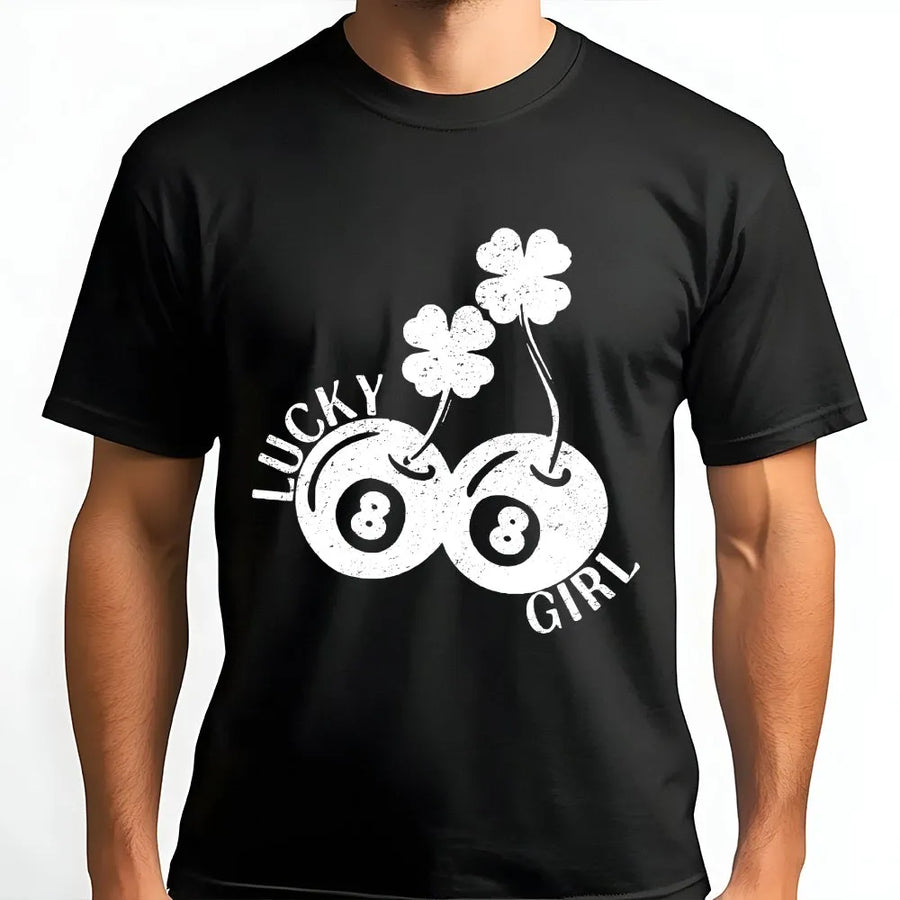 Lucky Girl T-Shirt | Eight Ball Cherry Clover Design | Premium 100% Cotton Tee | Retro Y2K Style St Patrick's Day Gift for Her