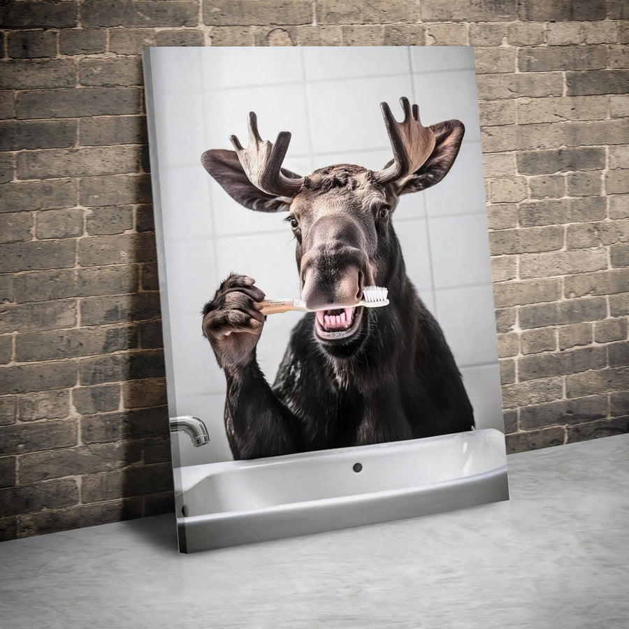 Funny Moose Brushing Teeth Canvas Art | Whimsical Bathroom Wall Decor | Premium Gallery Wrap Print | Unique Gift for Animal Lovers