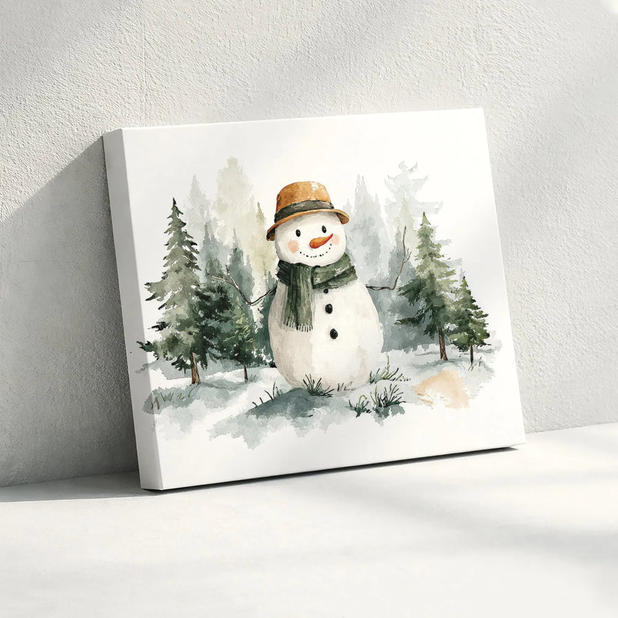 Watercolor Snowman Canvas Wall Art | Festive Winter Forest Landscape | Premium Gallery-Wrapped Print | Holiday Home Decor Gift