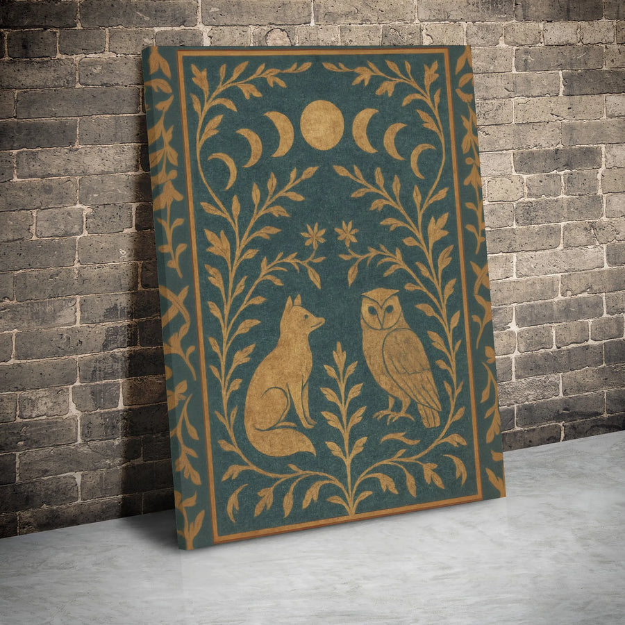 Fox and Owl Canvas Wall Art | Moon Phases Botanical Illustration | Premium Gallery Wrap Decor | Mystical Forest Animal Gift for Nature Lovers