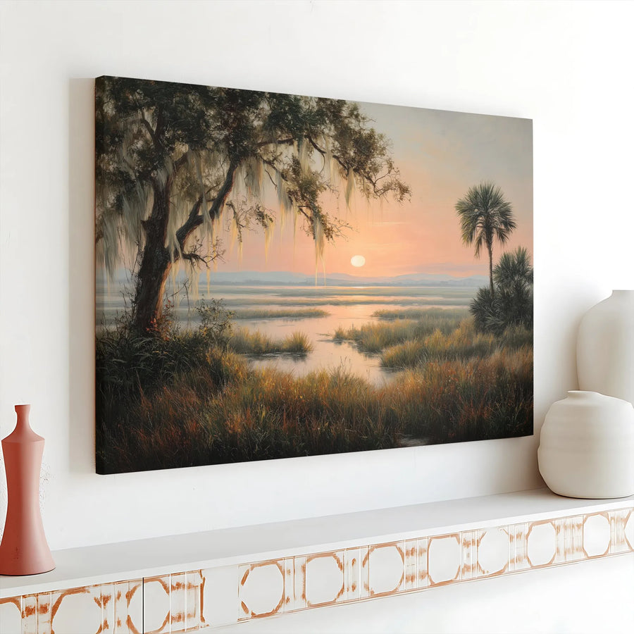Southern Marsh Sunset Canvas Print | Coastal Oak Tree & Spanish Moss Wall Art | 1.25” Gallery Wrap | Premium Decor for Nature Lovers
