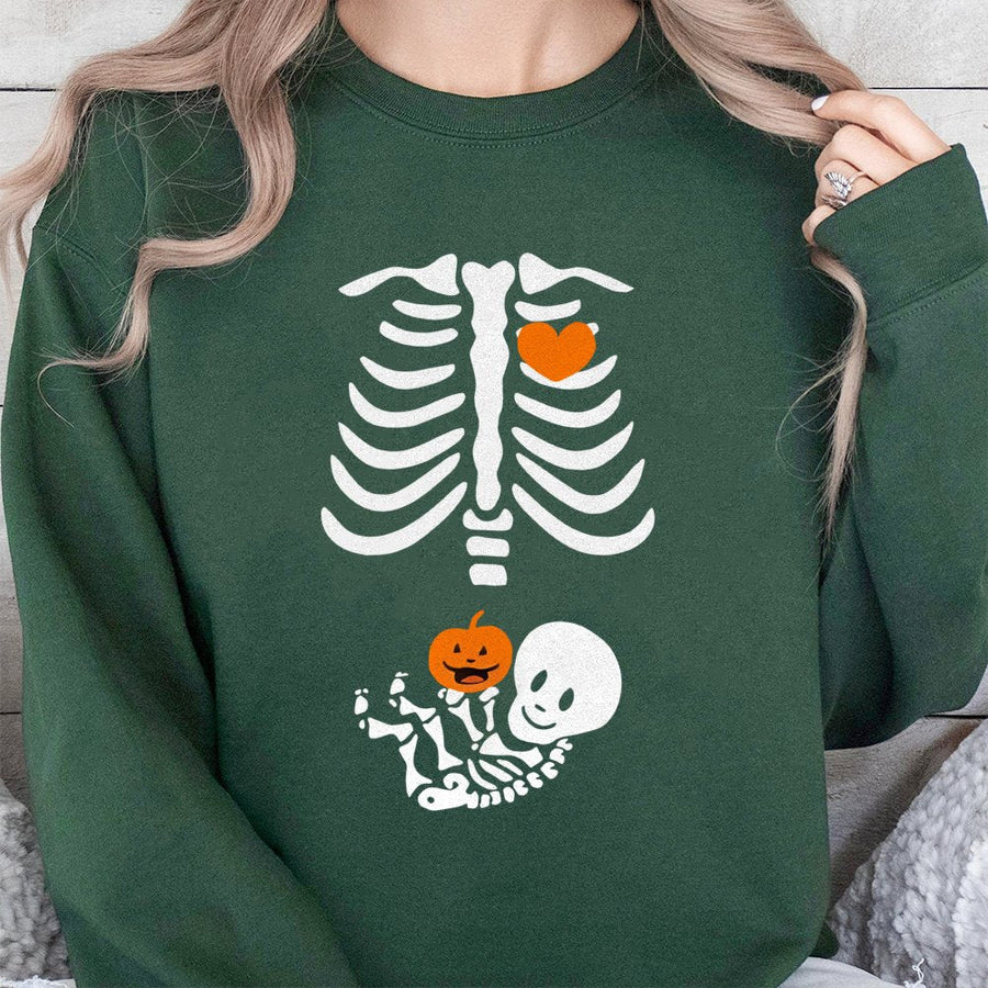 Halloween Pregnancy Sweatshirt | Skeleton Baby Bump Pumpkin Design | Soft Cotton Blend | Funny Expectant Mom Gift For Fall